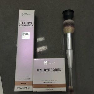 ItCosmetics foundation, pore powder, and brush